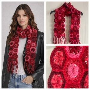 Boho Crochet Flower Scarf Red Pink Hexagon Knit Whimsygoth
